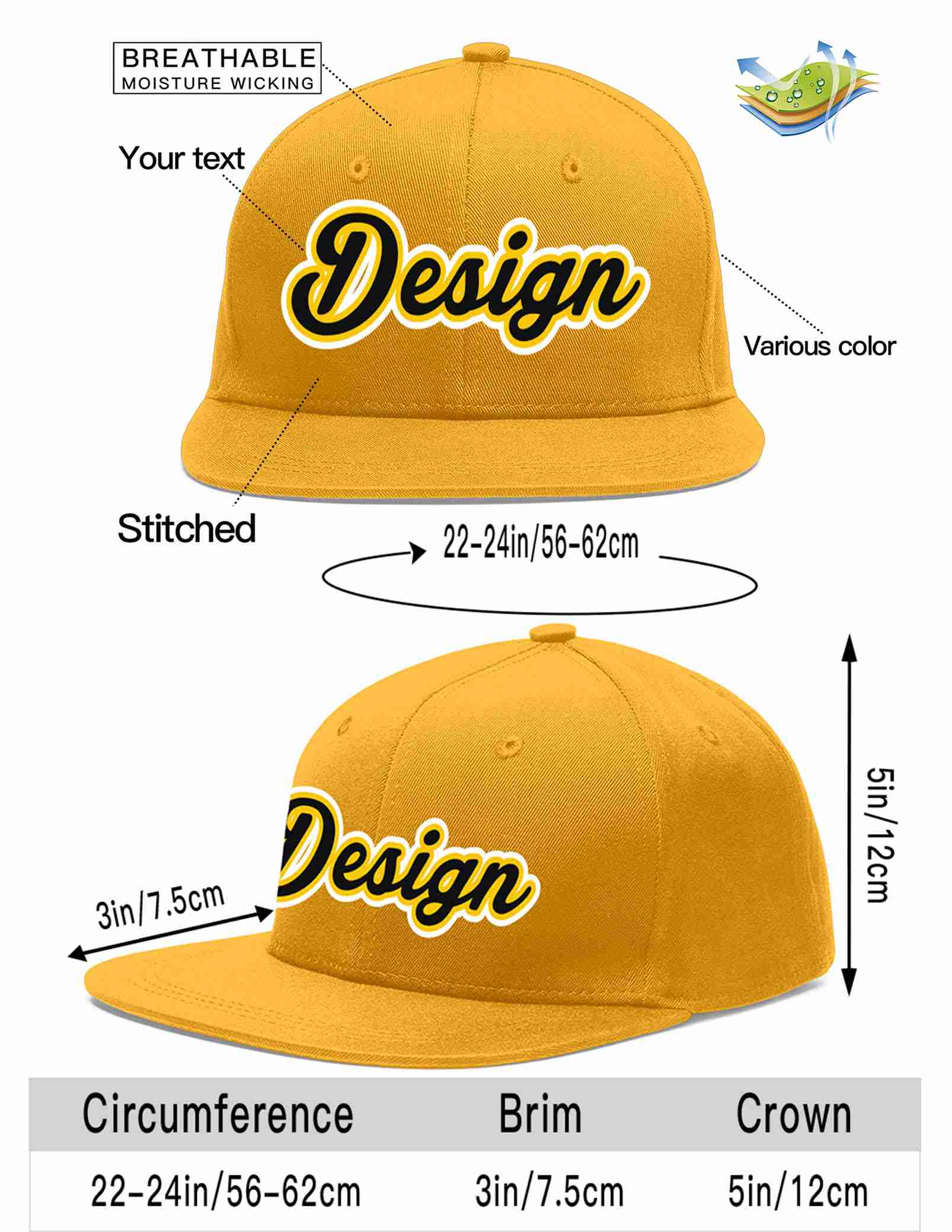 Custom Gold Black-Gold Flat Eaves Sport Baseball Cap Design for Men/Women/Youth