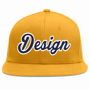 Conception personnalisée de casquette de baseball de sport à avant-toit plat bleu marine-blanc doré pour hommes/femmes/jeunes