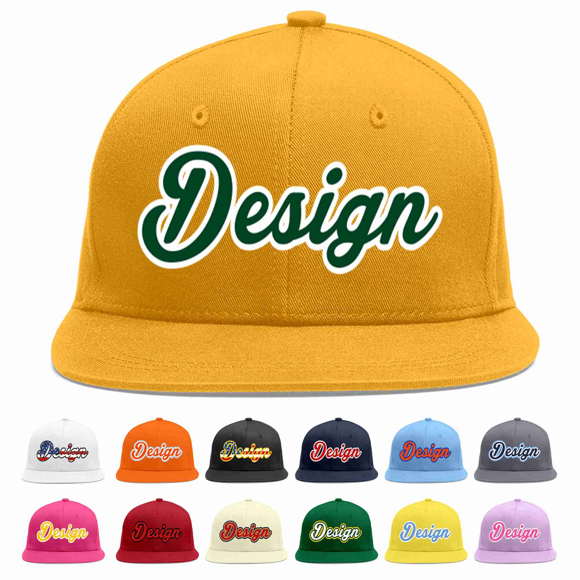 Custom Gold Green-White Flat Eaves Sport Baseball Cap Design for Men/Women/Youth