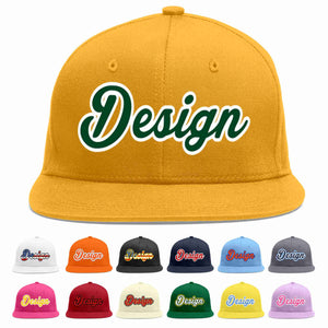 Conception personnalisée de casquette de baseball de sport à avant-toit plat vert-blanc doré pour hommes/femmes/jeunes