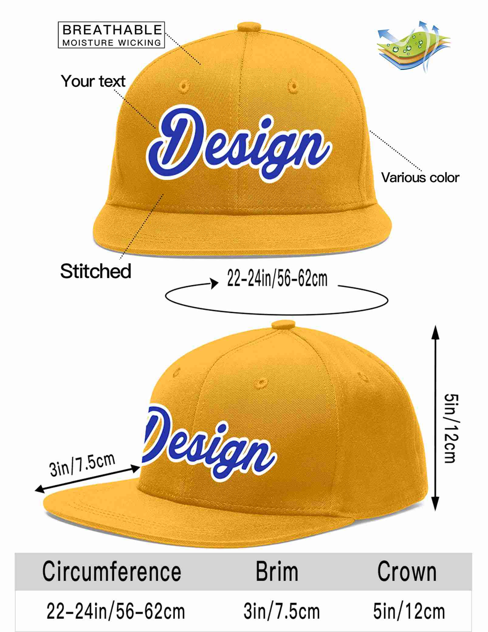 Custom Gold Royal-White Flat Eaves Sport Baseball Cap Design for Men/Women/Youth