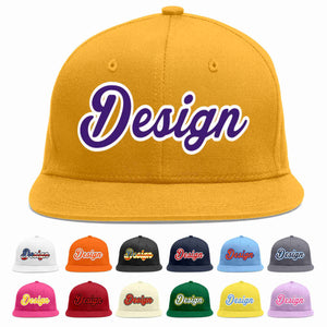 Conception personnalisée de casquette de baseball de sport à avant-toit plat violet-blanc doré pour hommes/femmes/jeunes