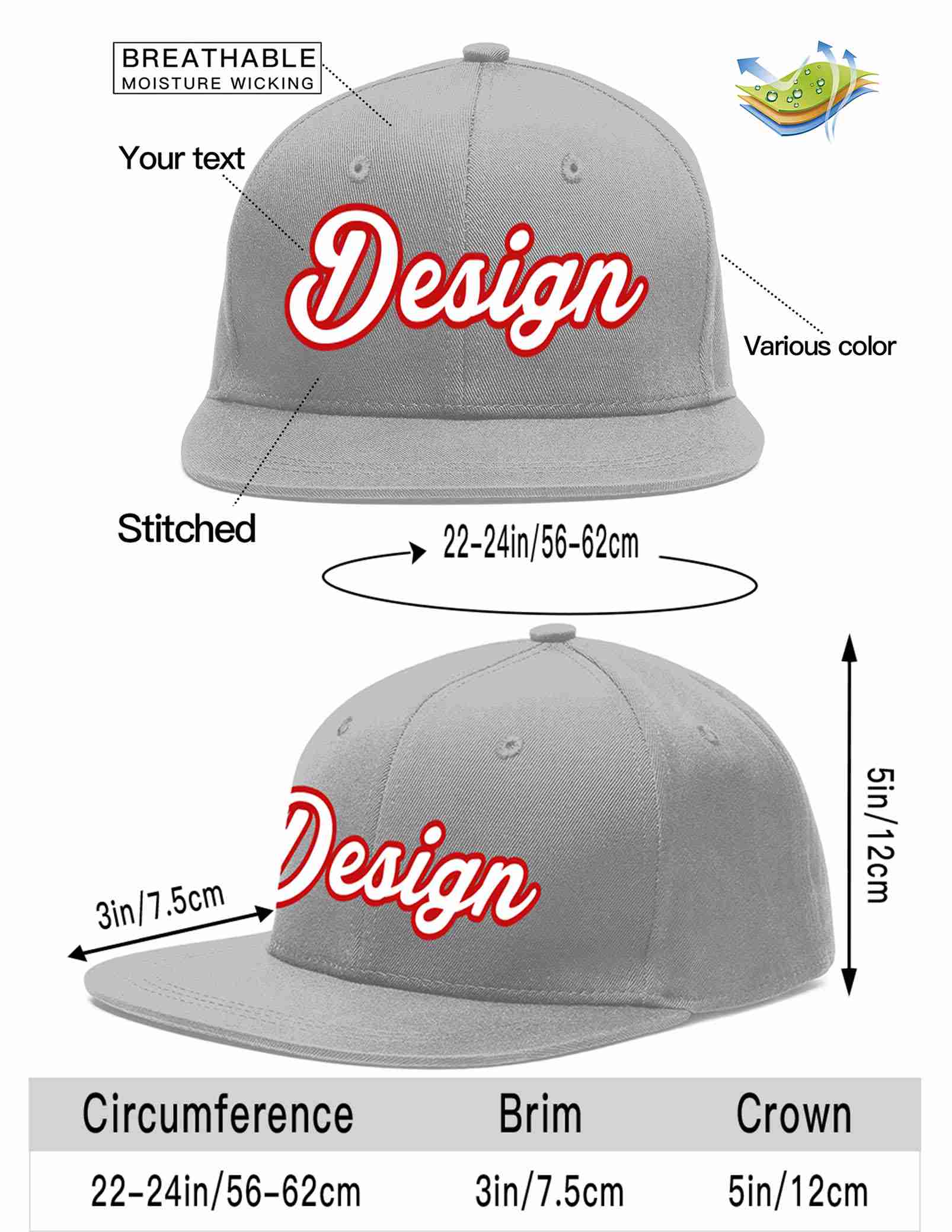 Custom Gray White-Red Flat Eaves Sport Baseball Cap Design for Men/Women/Youth