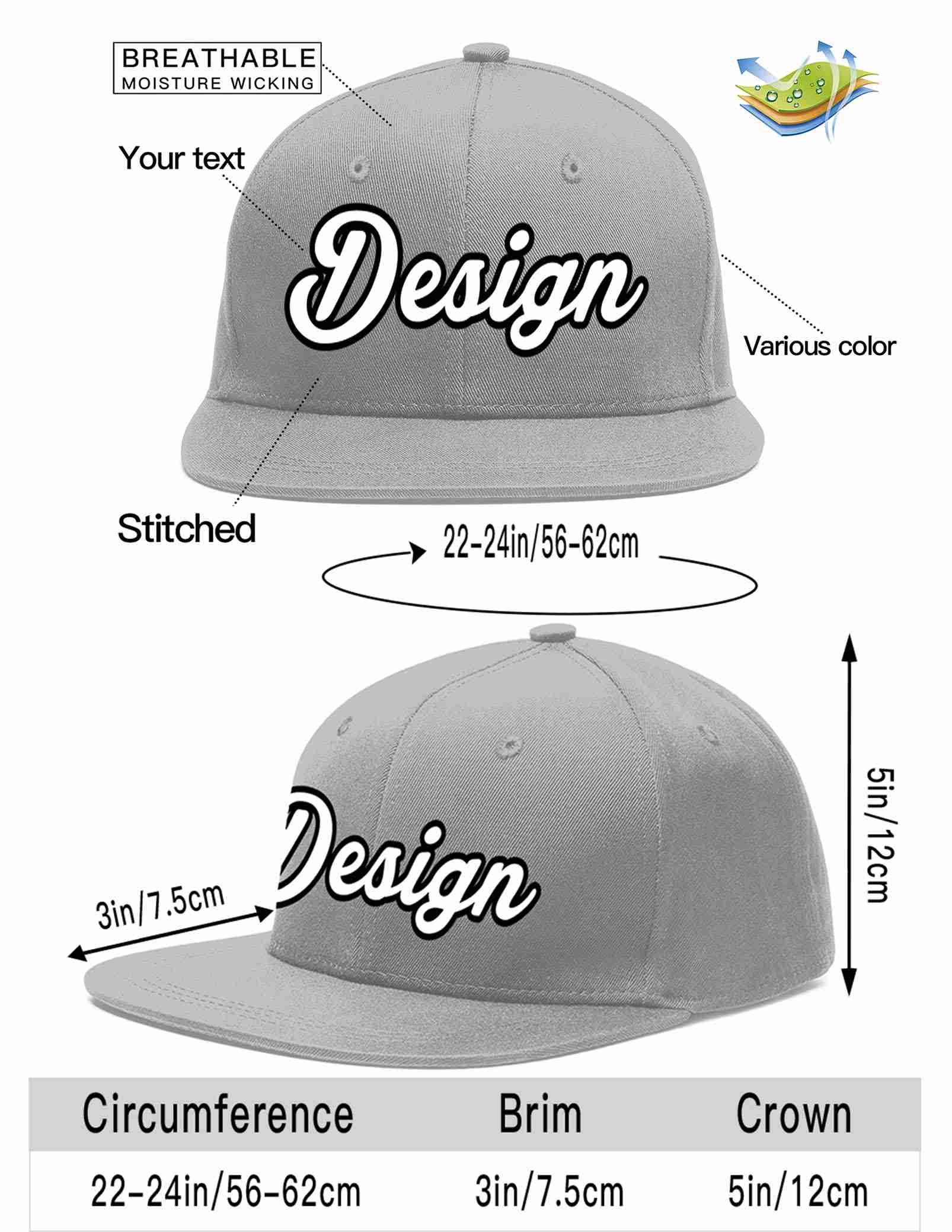 Custom Gray White-Black Flat Eaves Sport Baseball Cap Design for Men/Women/Youth