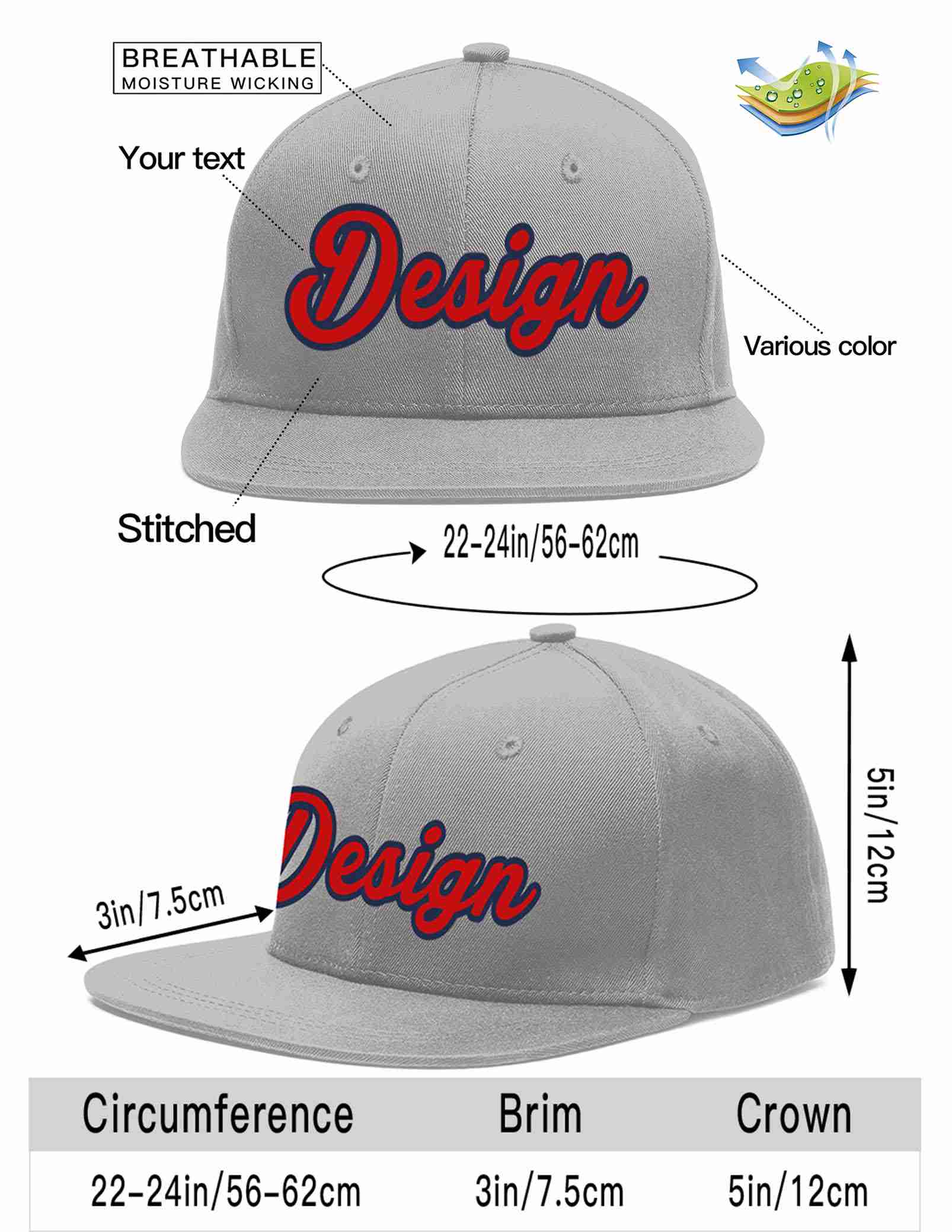 Custom Gray Red-Navy Flat Eaves Sport Baseball Cap Design for Men/Women/Youth