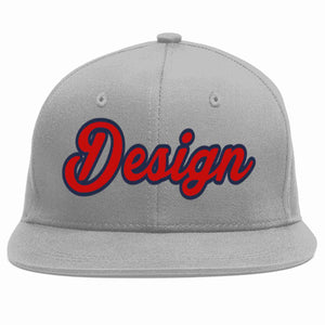 Custom Gray Red-Navy Flat Eaves Sport Baseball Cap Design for Men/Women/Youth