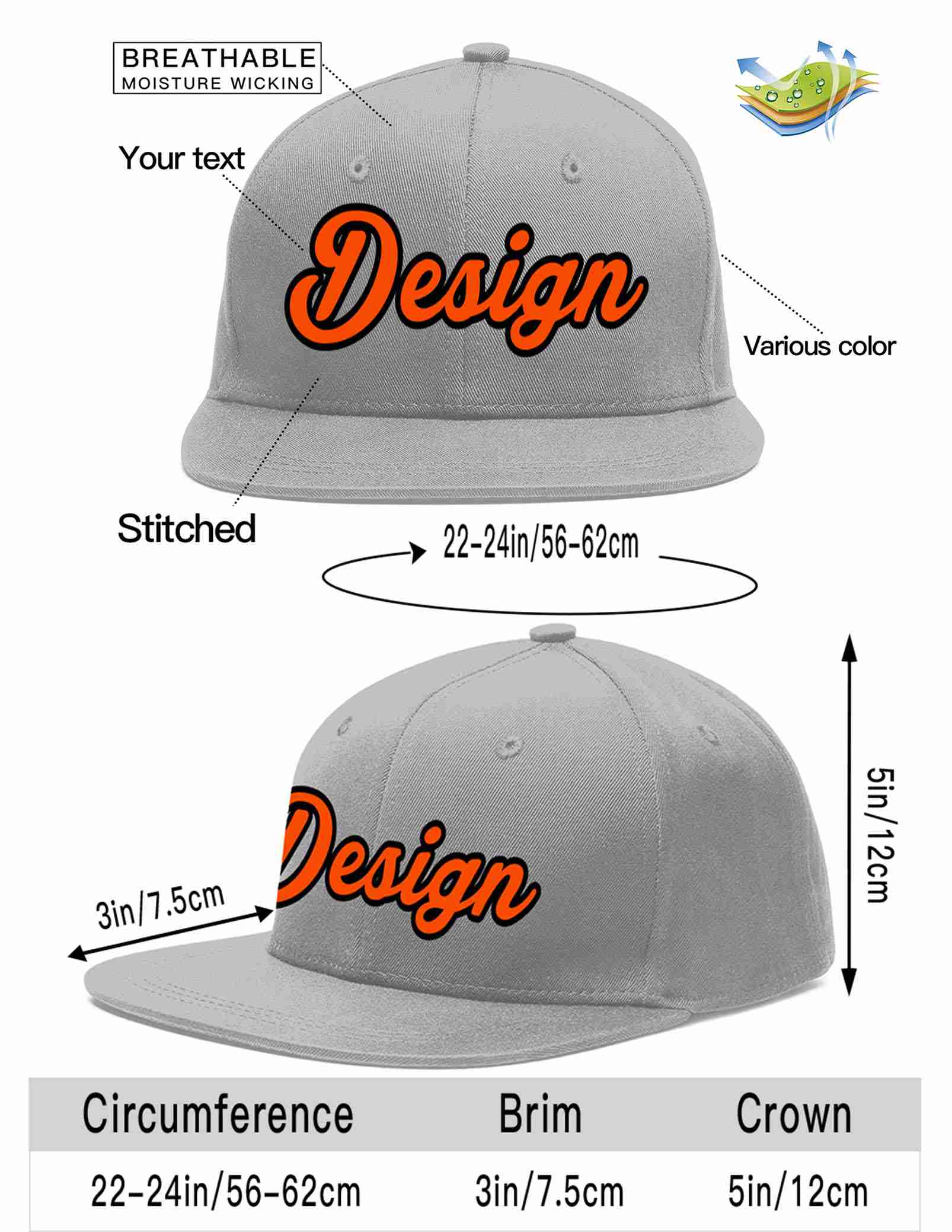 Conception personnalisée de casquette de baseball de sport à avant-toit plat gris orange-noir pour hommes/femmes/jeunes