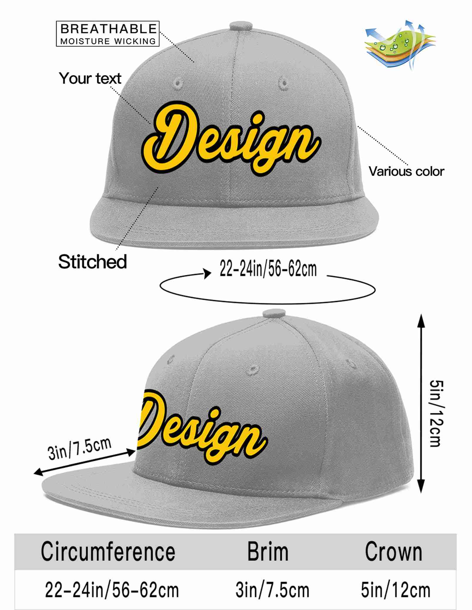 Custom Gray Gold-Black Flat Eaves Sport Baseball Cap Design for Men/Women/Youth