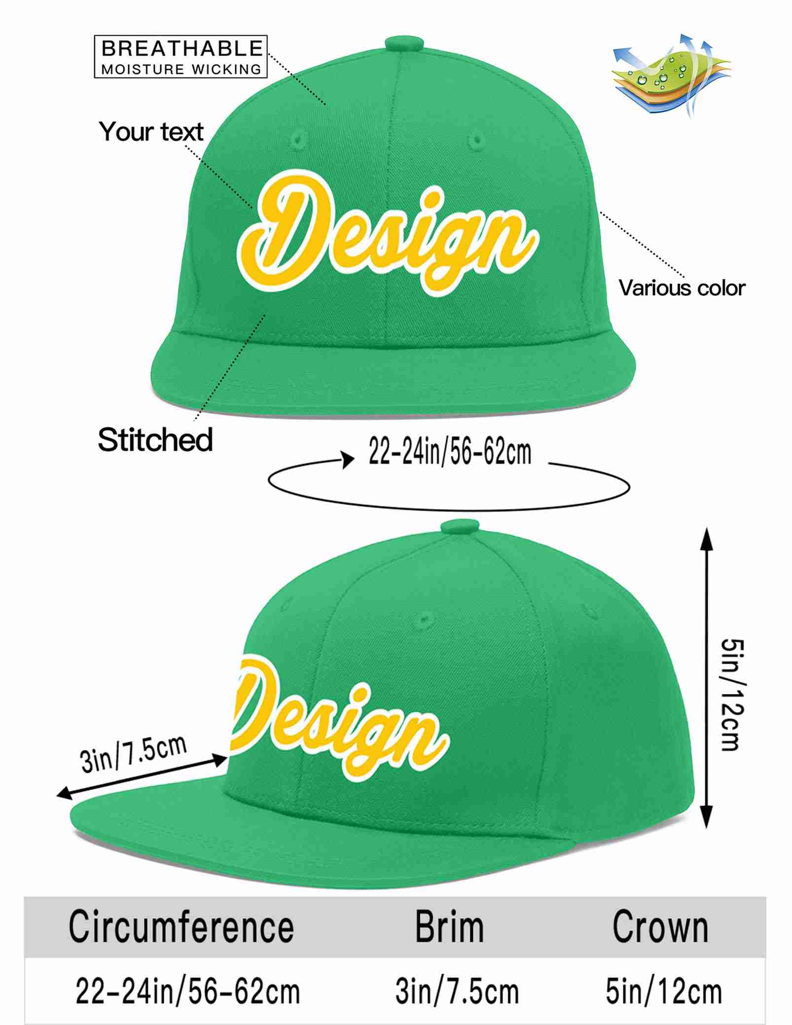 Custom Teal Gold-White Flat Eaves Sport Baseball Cap