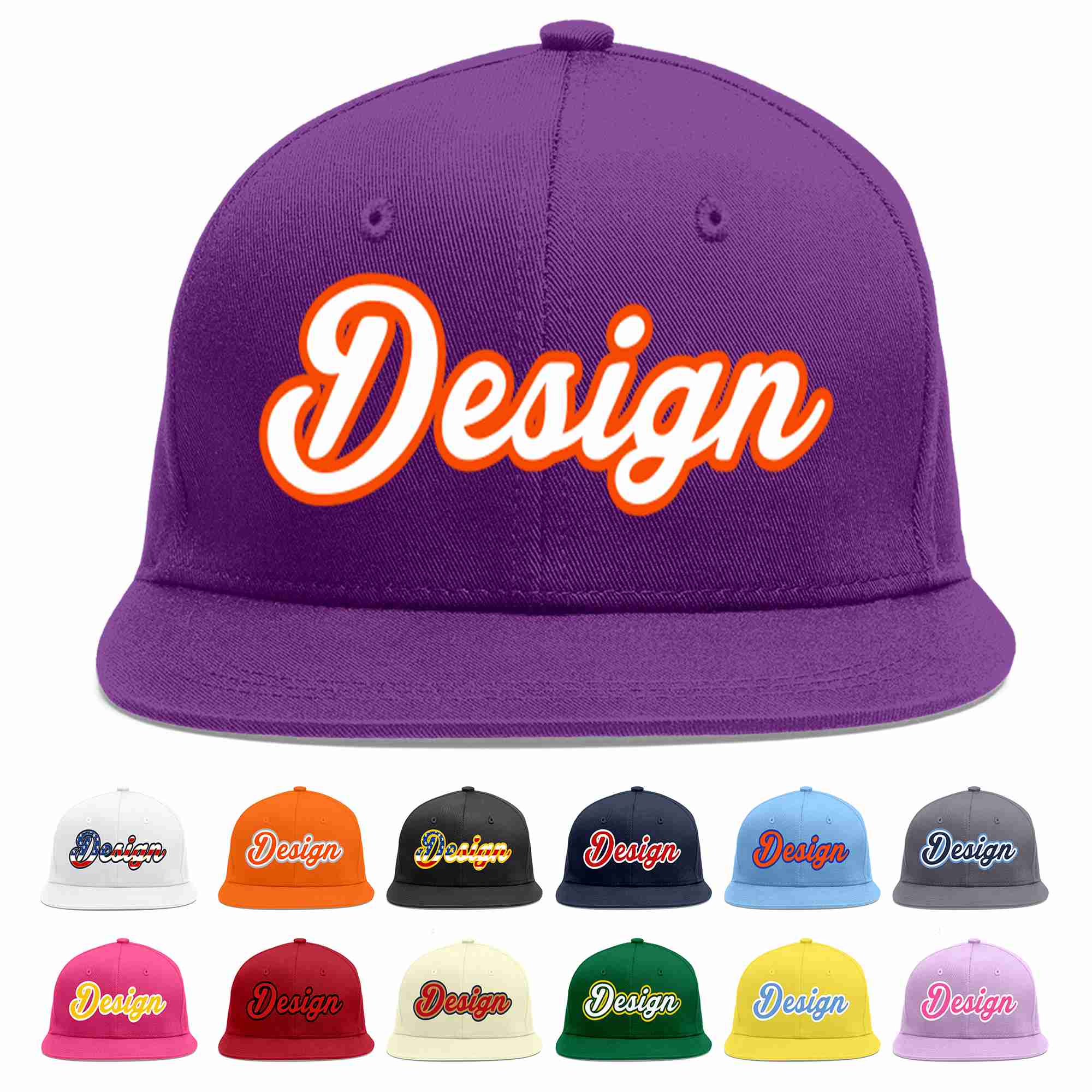 Conception personnalisée de casquette de baseball de sport à avant-toit plat violet blanc-orange pour hommes/femmes/jeunes