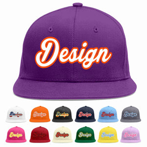 Custom Purple White-Orange Flat Eaves Sport Baseball Cap Design for Men/Women/Youth