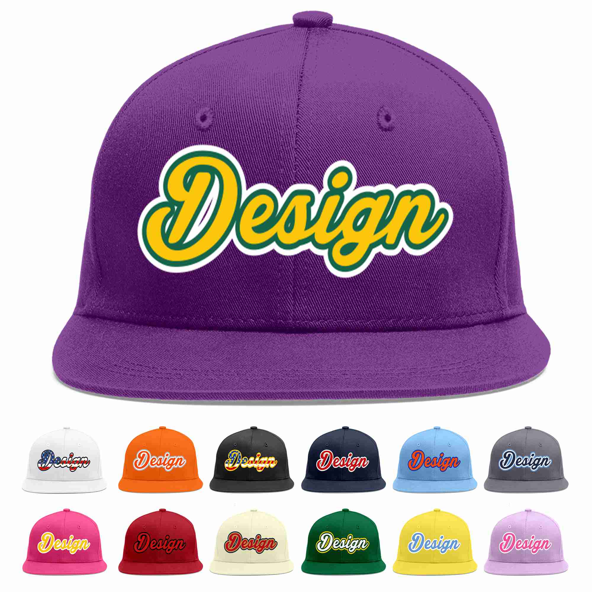 Conception personnalisée de casquette de baseball de sport à avant-toit plat violet or-kelly vert pour hommes/femmes/jeunes