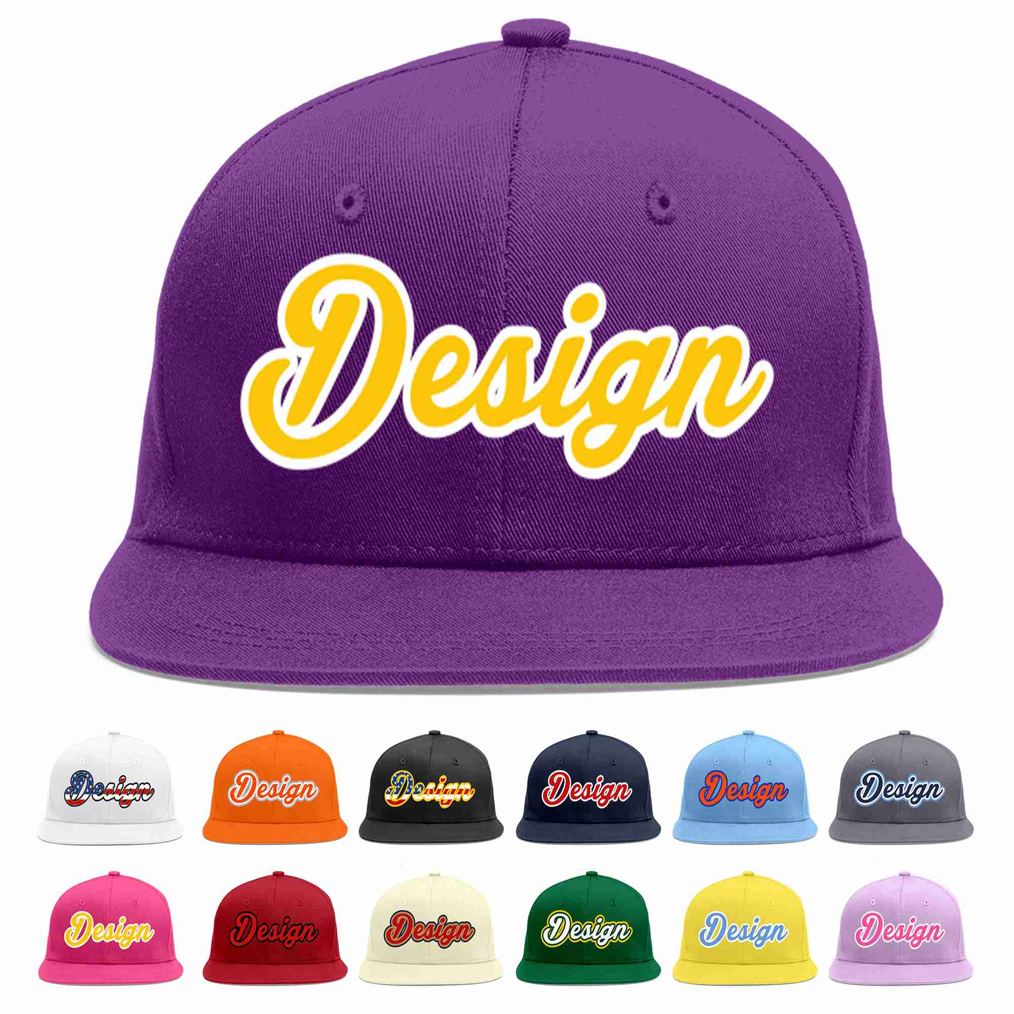 Conception personnalisée de casquette de baseball de sport à avant-toit plat violet or-blanc pour hommes/femmes/jeunes