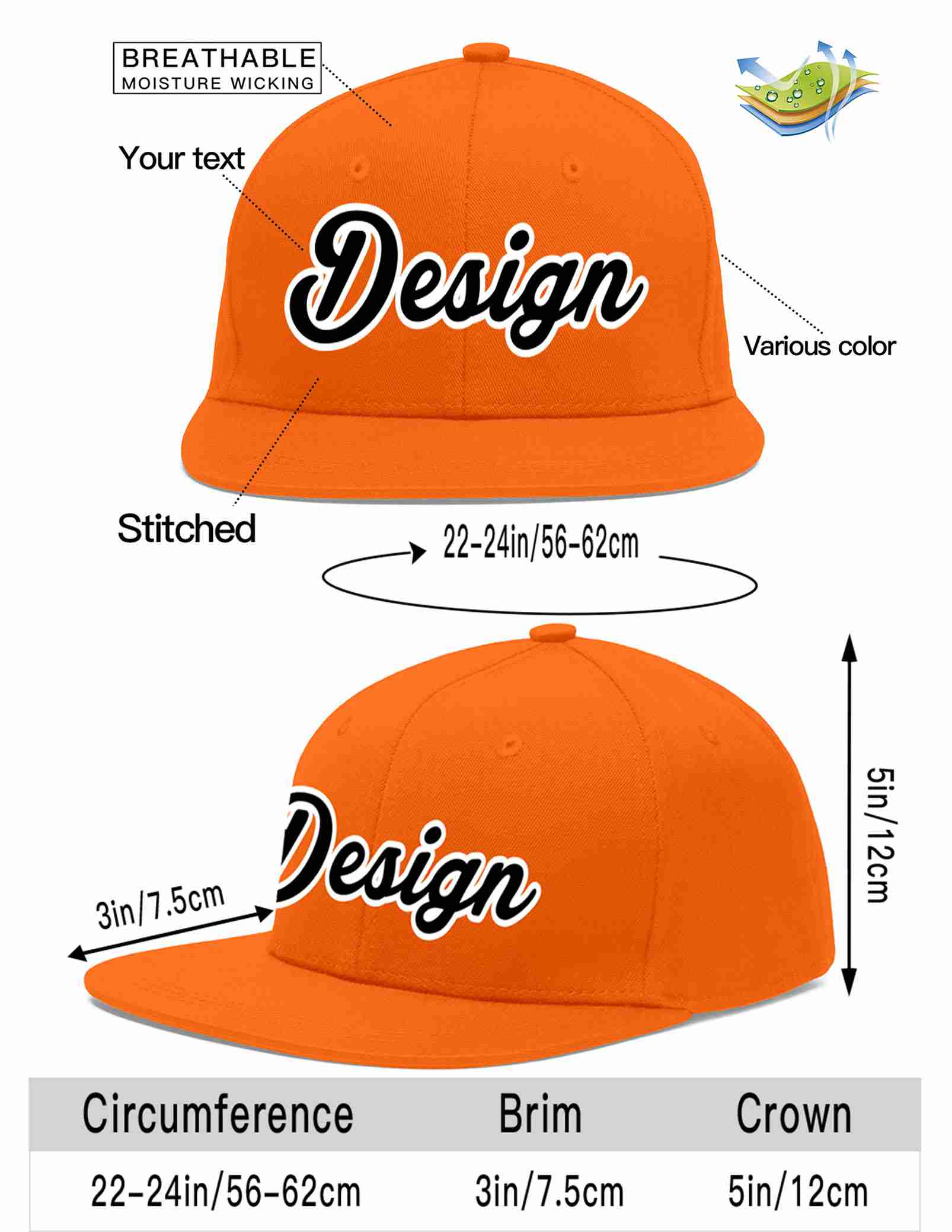 Custom Orange Black-White Flat Eaves Sport Baseball Cap Design for Men/Women/Youth