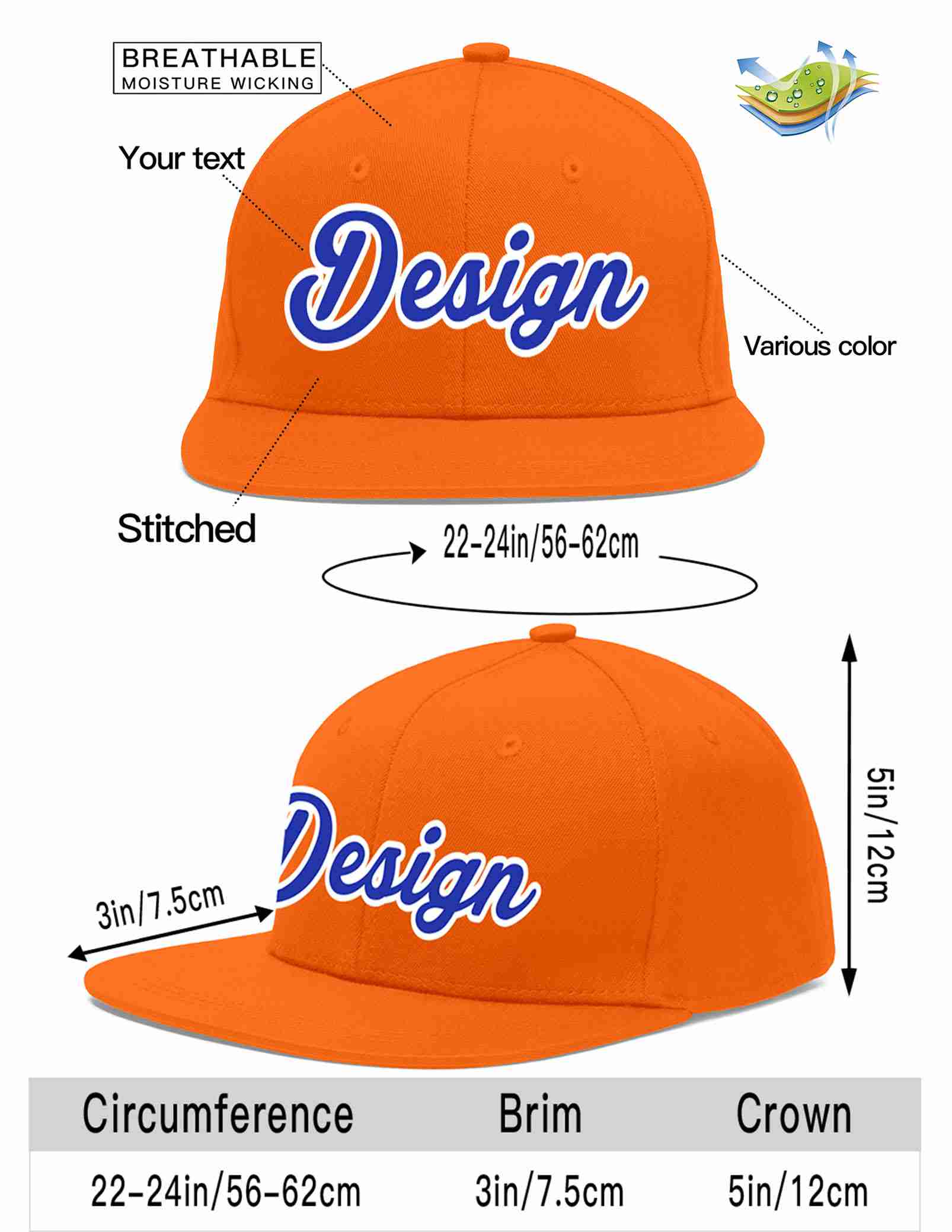 Conception personnalisée de casquette de baseball de sport à avant-toit plat orange royal-blanc pour hommes/femmes/jeunes