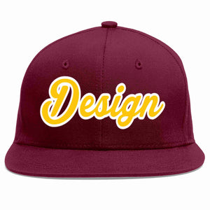 Custom Crimson Gold-White Flat Eaves Sport Baseball Cap Design for Men/Women/Youth