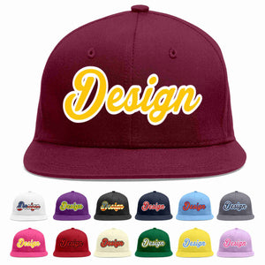 Custom Crimson Gold-White Flat Eaves Sport Baseball Cap Design for Men/Women/Youth