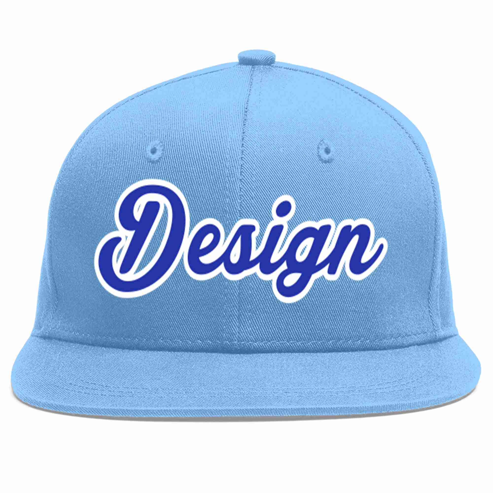 Custom Light Blue Royal-White Flat Eaves Sport Baseball Cap Design for Men/Women/Youth