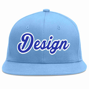 Custom Light Blue Royal-White Flat Eaves Sport Baseball Cap Design for Men/Women/Youth