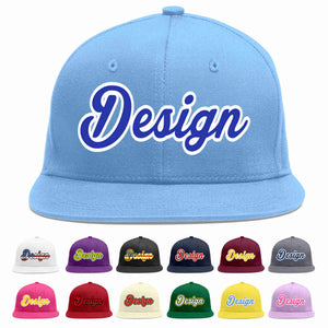 Custom Light Blue Royal-White Flat Eaves Sport Baseball Cap Design for Men/Women/Youth