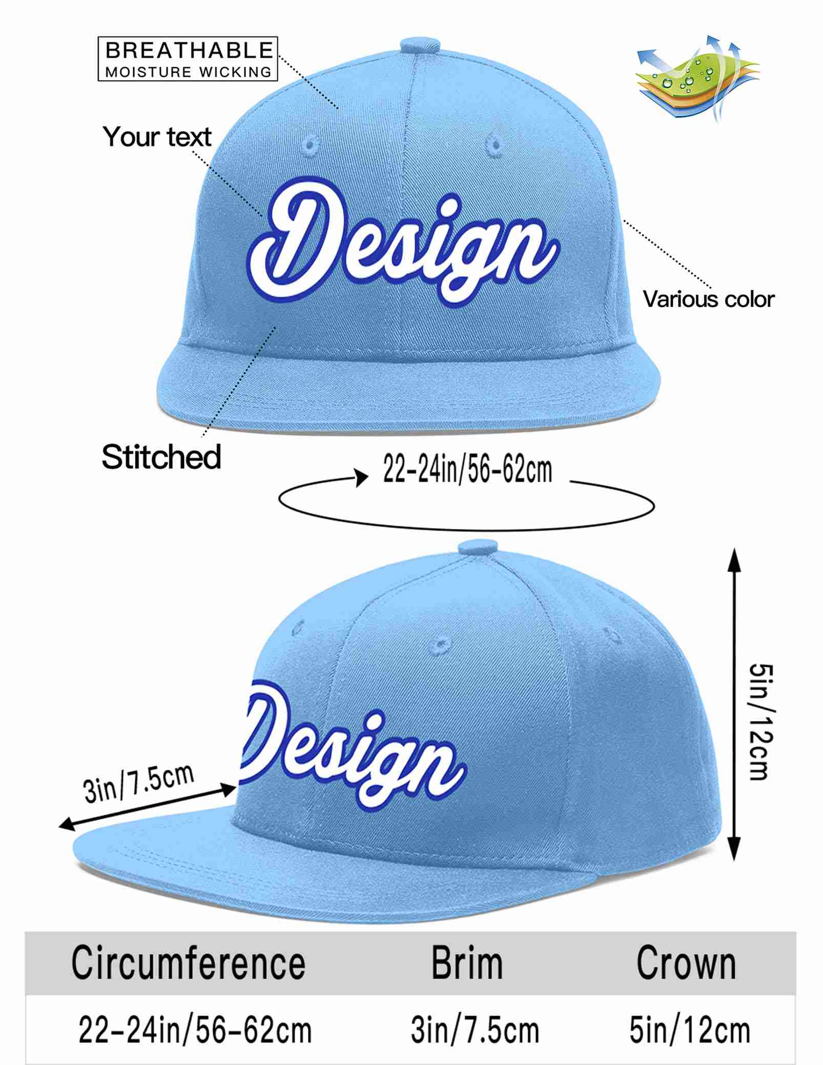 Custom Light Blue White-Royal Flat Eaves Sport Baseball Cap Design for Men/Women/Youth