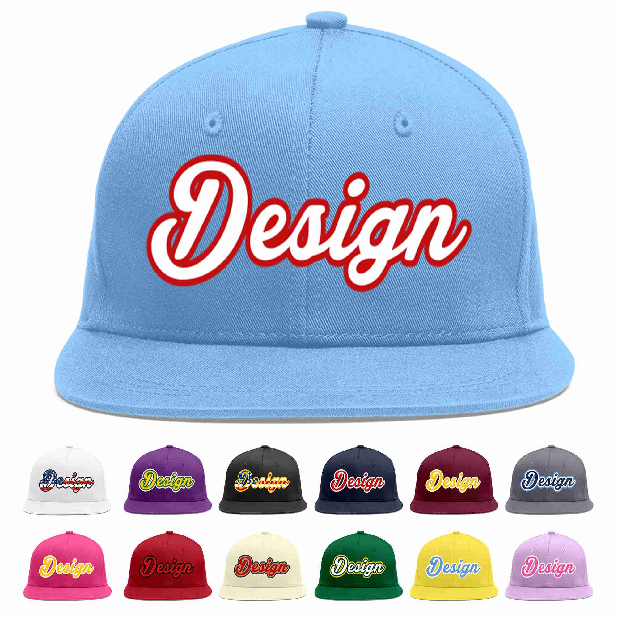 Custom Light Blue White-Red Flat Eaves Sport Baseball Cap Design for Men/Women/Youth