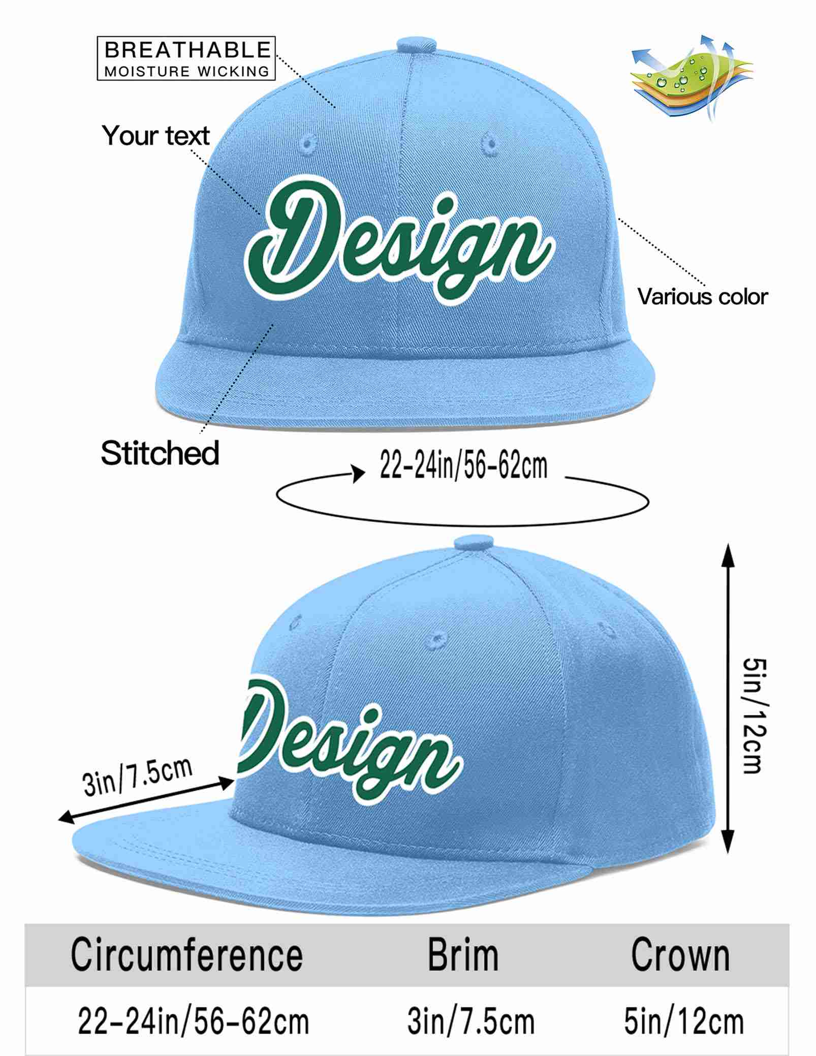 Custom Light Blue Kelly Green-White Flat Eaves Sport Baseball Cap Design for Men/Women/Youth