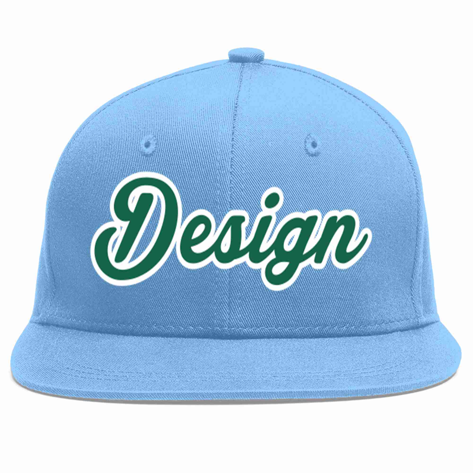 Custom Light Blue Kelly Green-White Flat Eaves Sport Baseball Cap Design for Men/Women/Youth