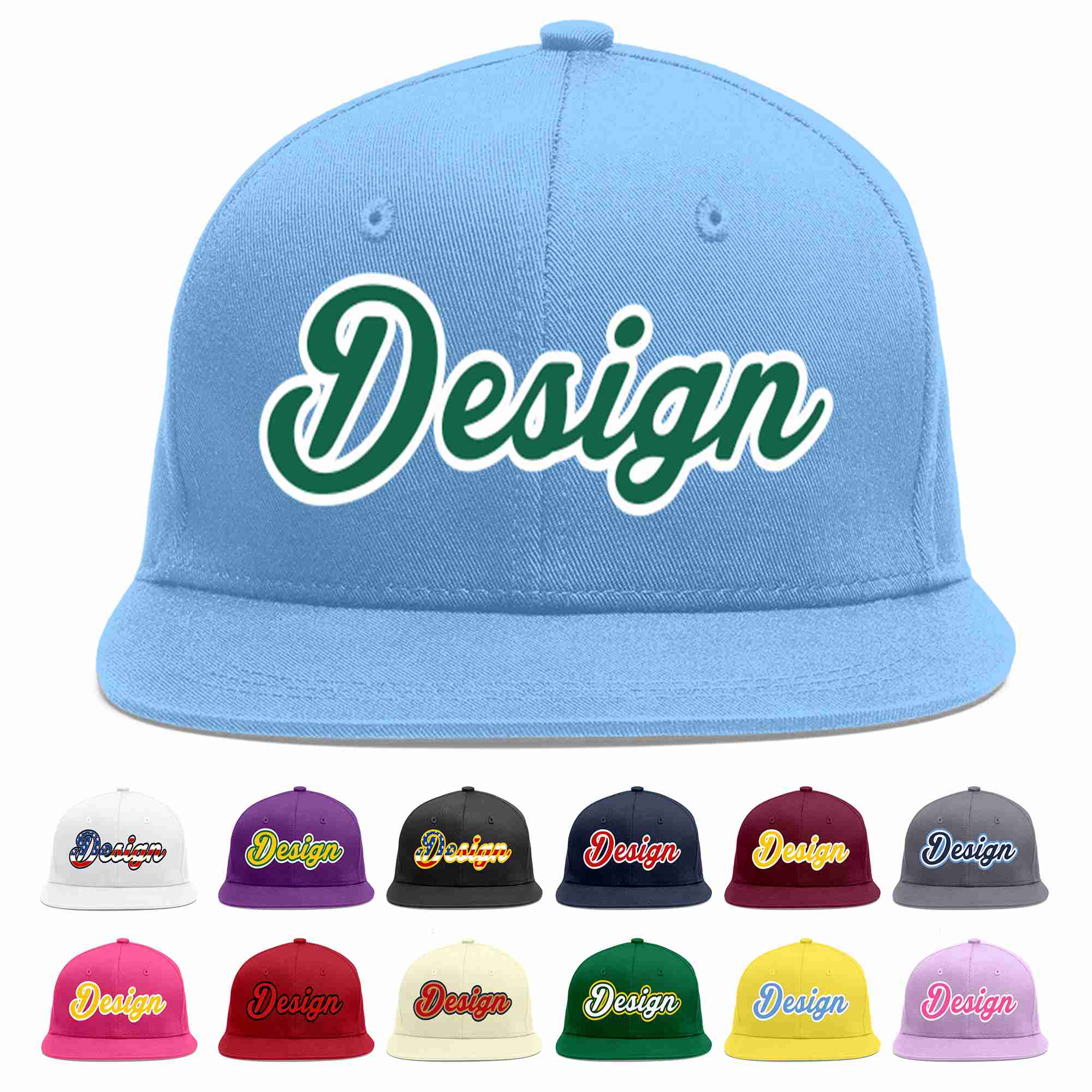 Custom Light Blue Kelly Green-White Flat Eaves Sport Baseball Cap Design for Men/Women/Youth