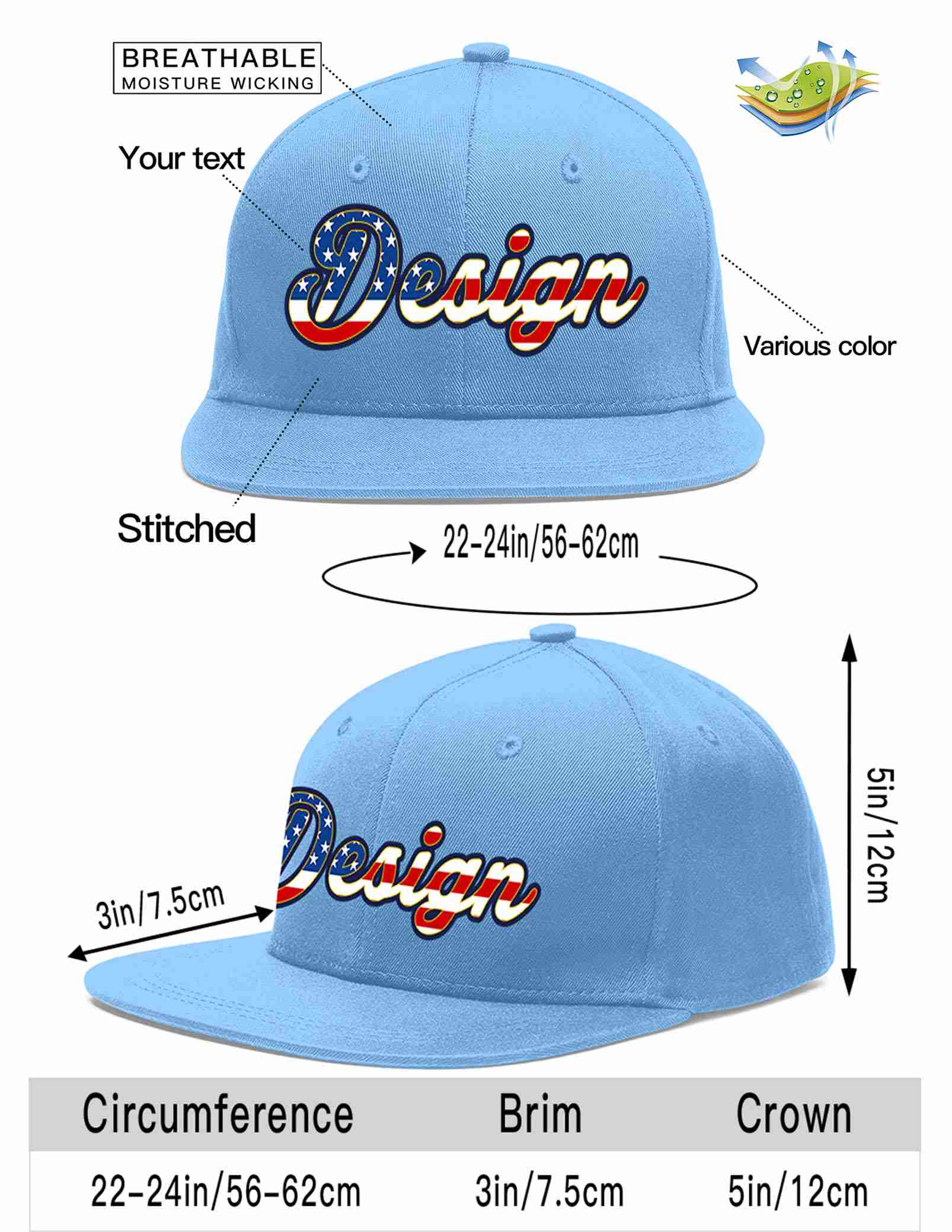 Custom Light Blue Vintage USA Flag-Gold Flat Eaves Sport Baseball Cap Design for Men/Women/Youth