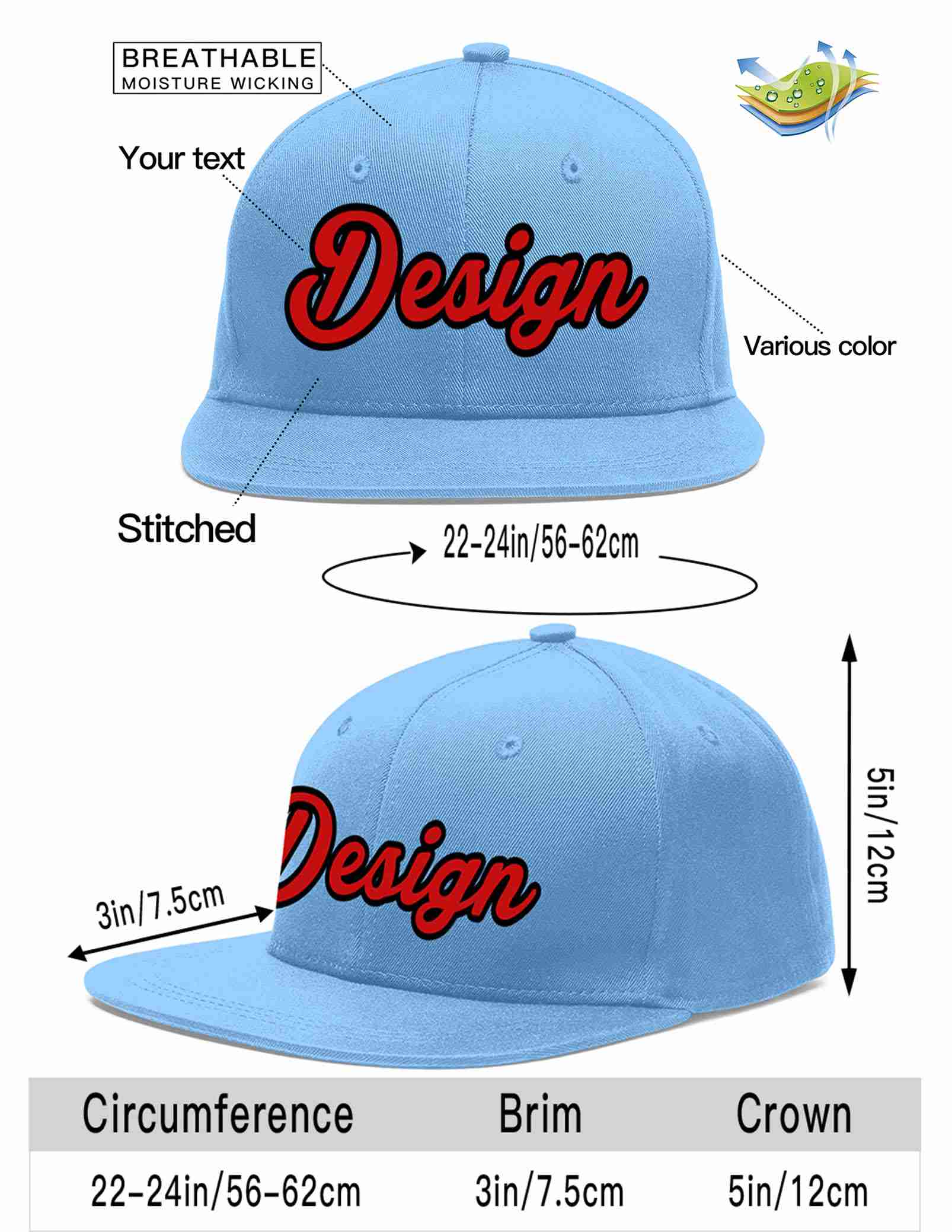 Custom Light Blue Red-Black Flat Eaves Sport Baseball Cap Design for Men/Women/Youth