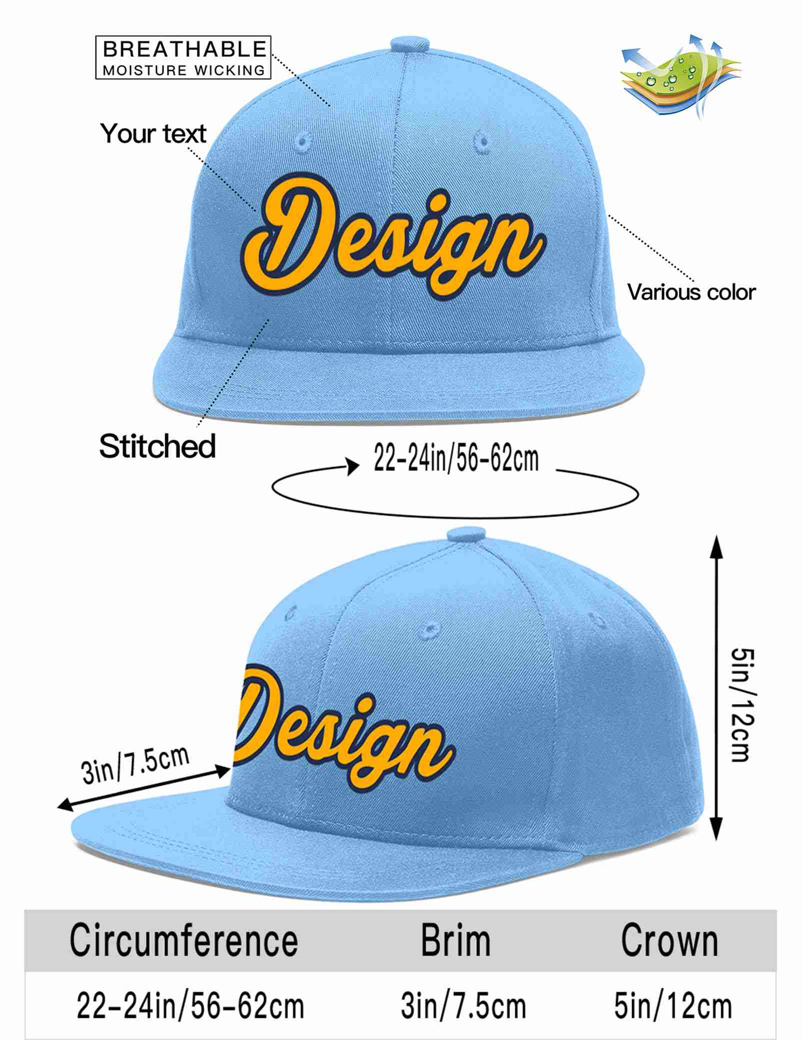 Conception personnalisée de casquette de baseball de sport à avant-toit plat bleu clair jaune-marine pour hommes/femmes/jeunes