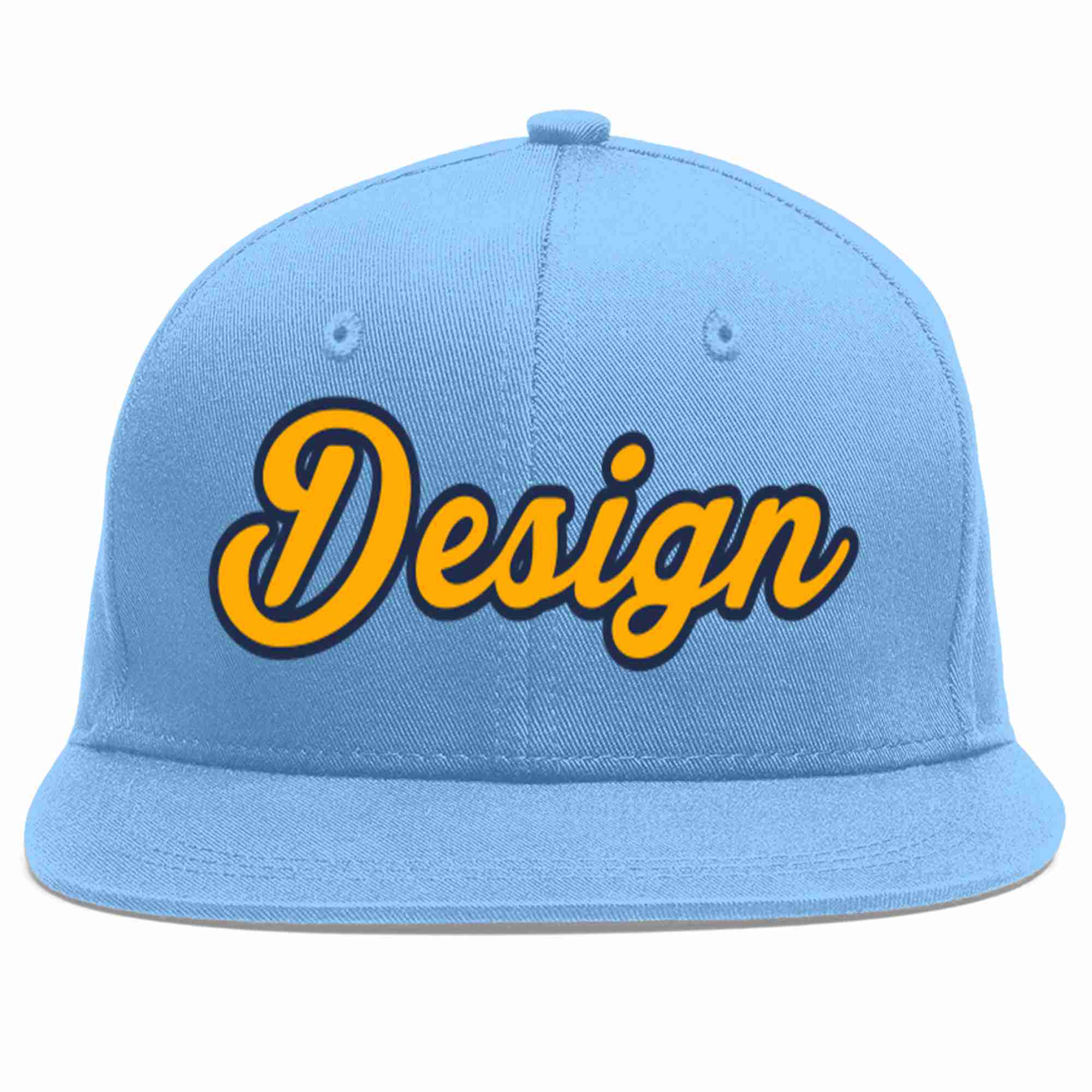 Custom Light Blue Yellow-Navy Flat Eaves Sport Baseball Cap Design for Men/Women/Youth