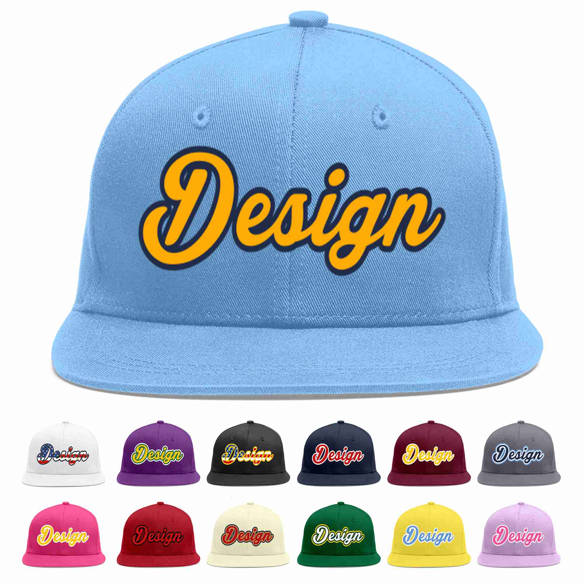 Custom Light Blue Yellow-Navy Flat Eaves Sport Baseball Cap Design for Men/Women/Youth