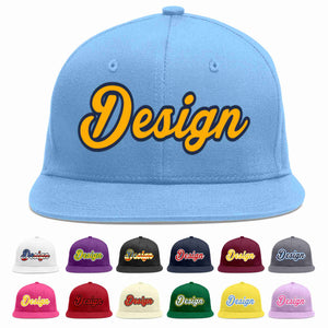 Conception personnalisée de casquette de baseball de sport à avant-toit plat bleu clair jaune-marine pour hommes/femmes/jeunes