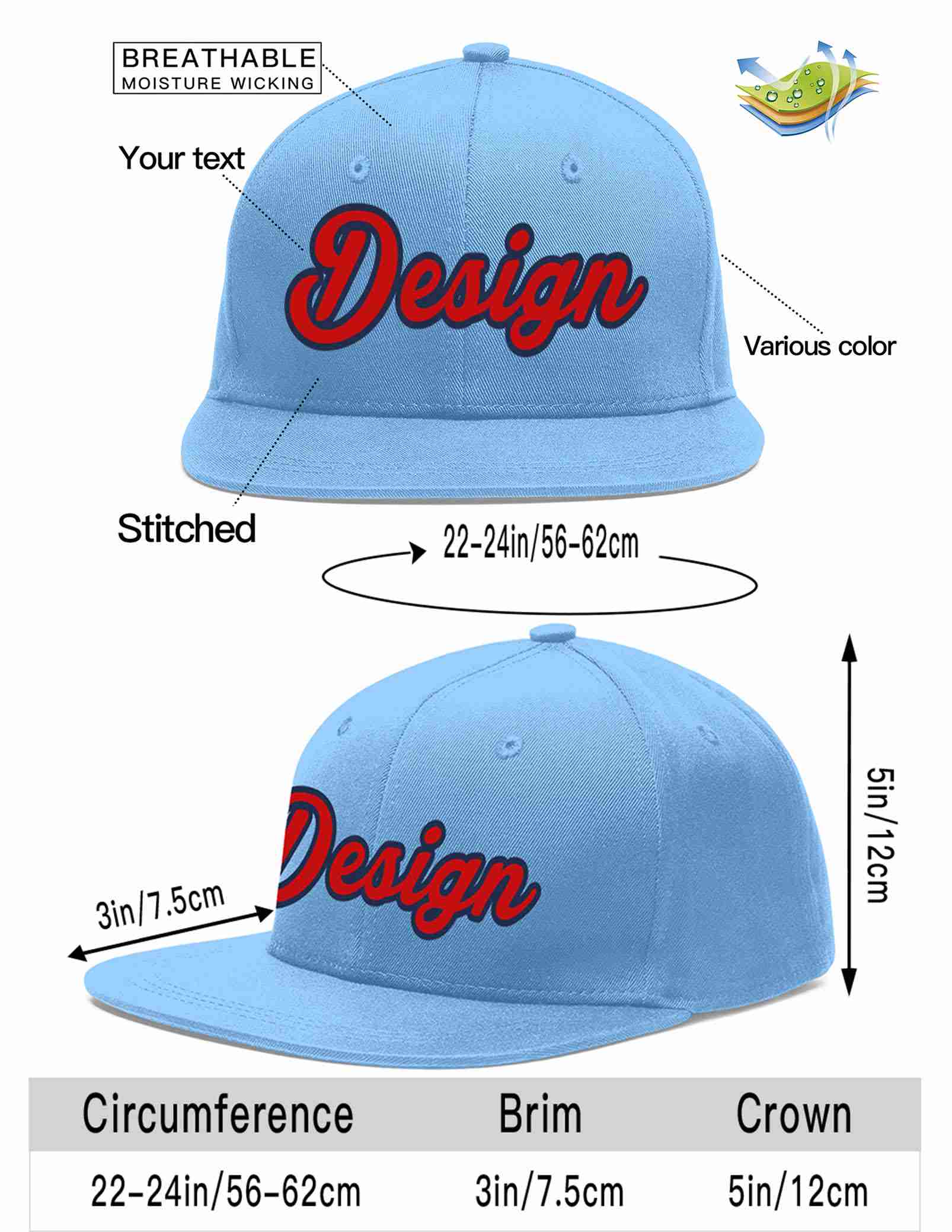 Custom Light Blue Red-Navy Flat Eaves Sport Baseball Cap Design for Men/Women/Youth