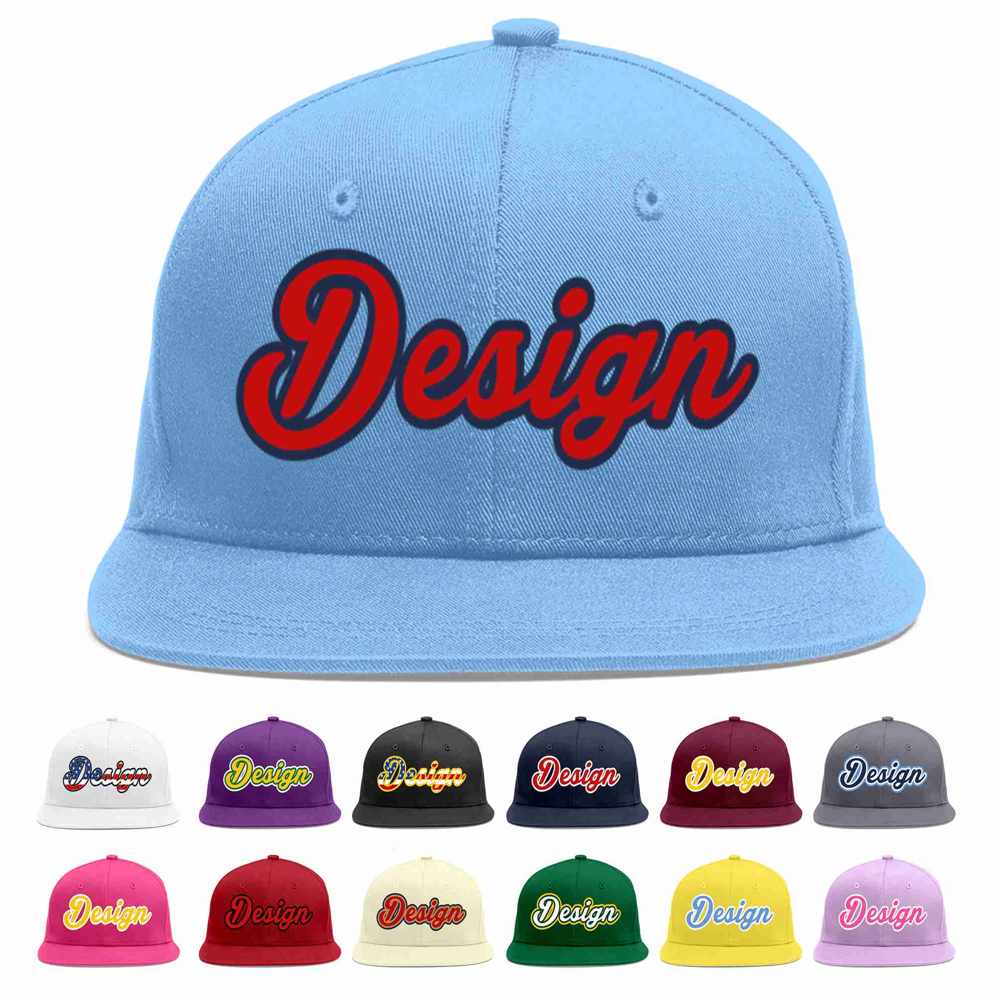 Custom Light Blue Red-Navy Flat Eaves Sport Baseball Cap Design for Men/Women/Youth