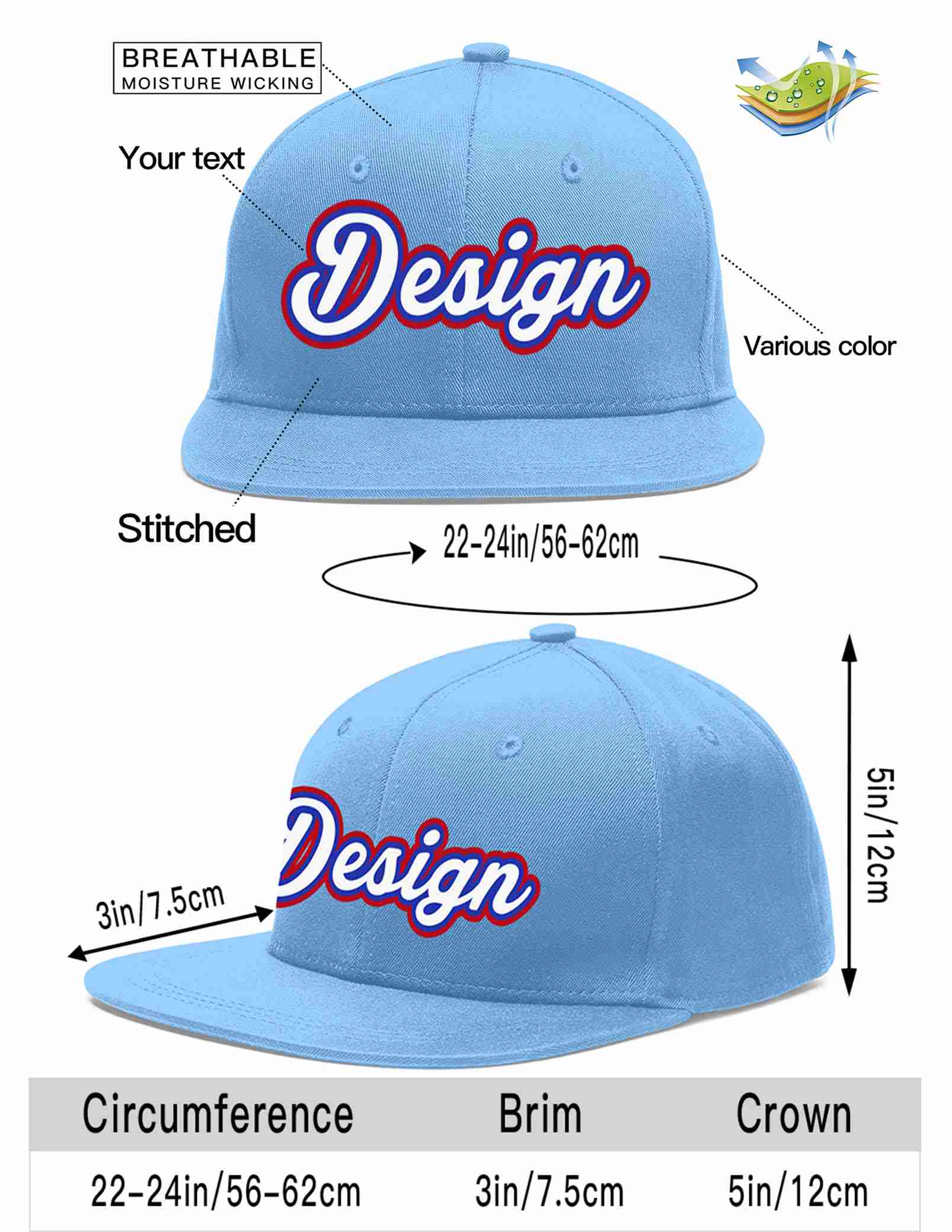 Custom Light Blue White-Royal Flat Eaves Sport Baseball Cap Design for Men/Women/Youth