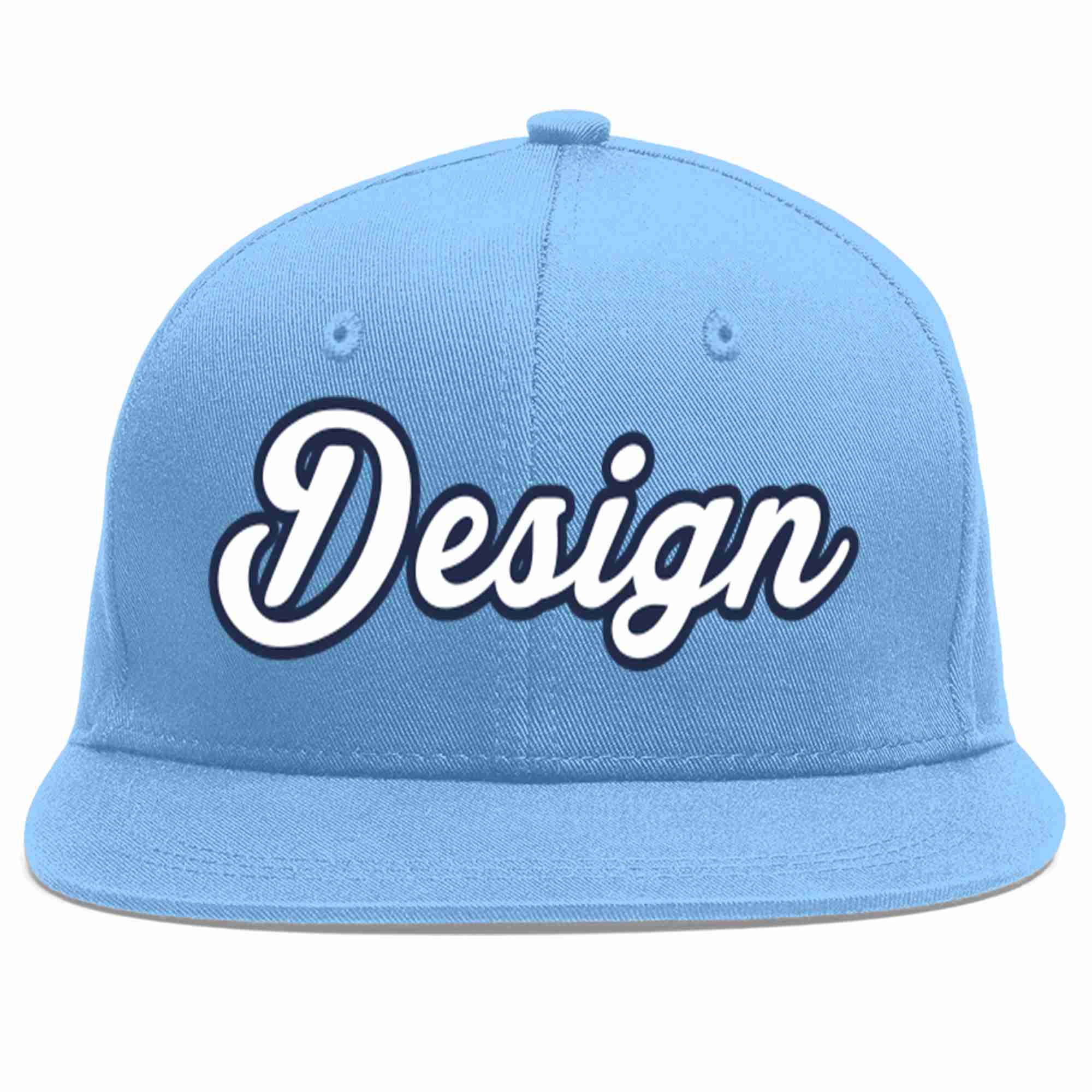 Custom Light Blue White-Navy Flat Eaves Sport Baseball Cap Design for Men/Women/Youth