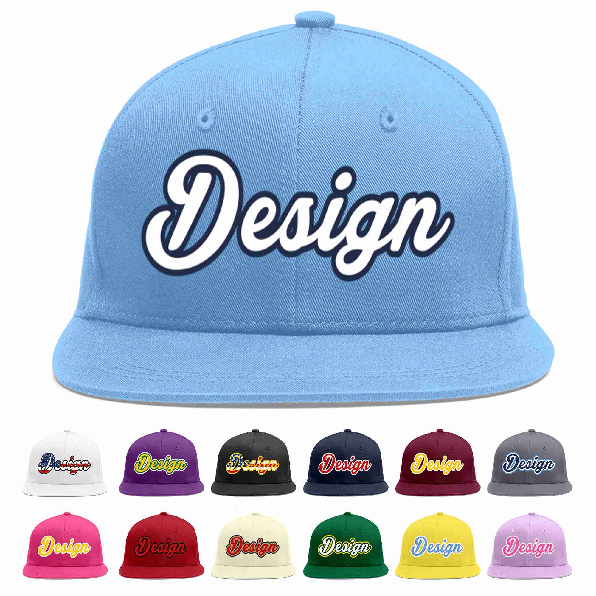 Custom Light Blue White-Navy Flat Eaves Sport Baseball Cap Design for Men/Women/Youth