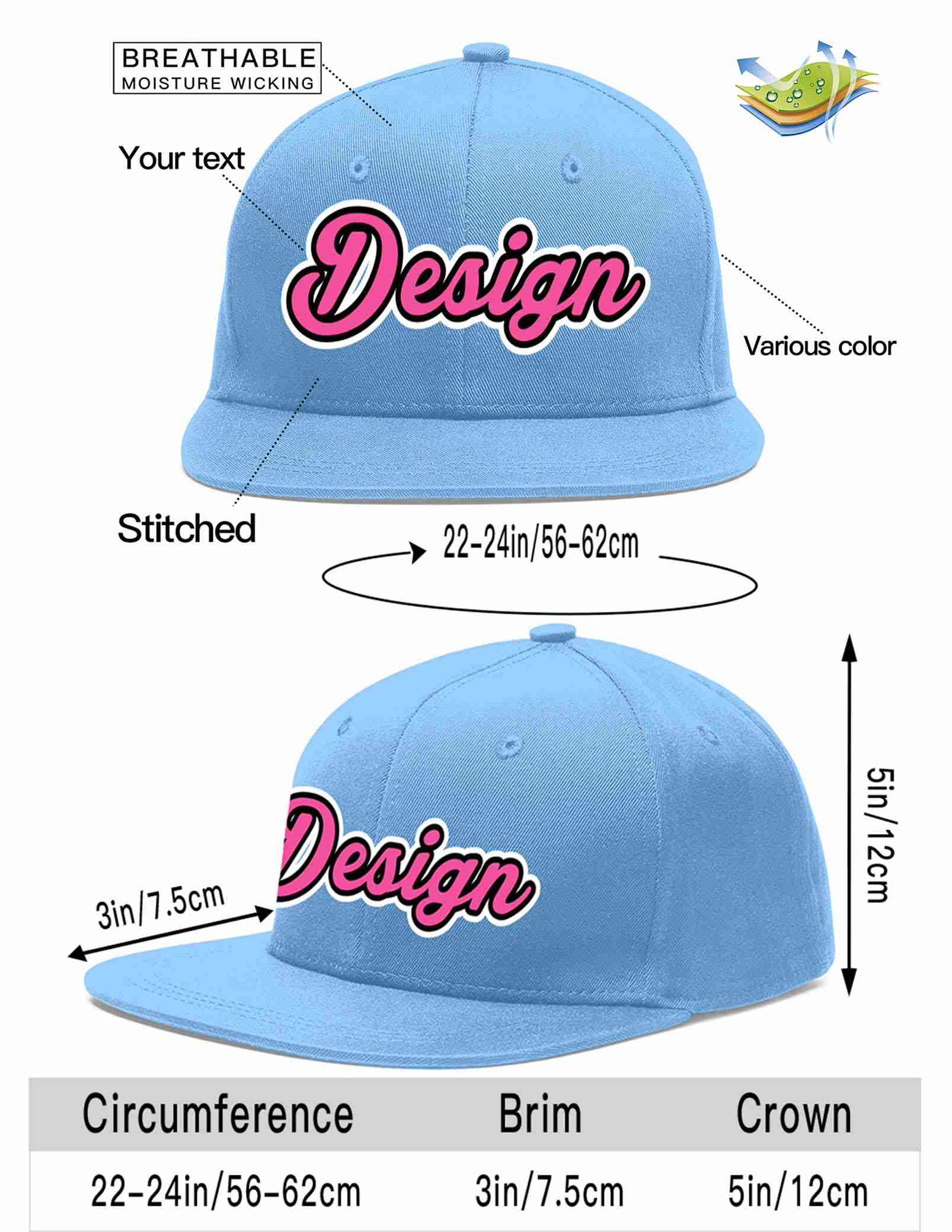 Custom Light Blue Pink-Black Flat Eaves Sport Baseball Cap Design for Men/Women/Youth