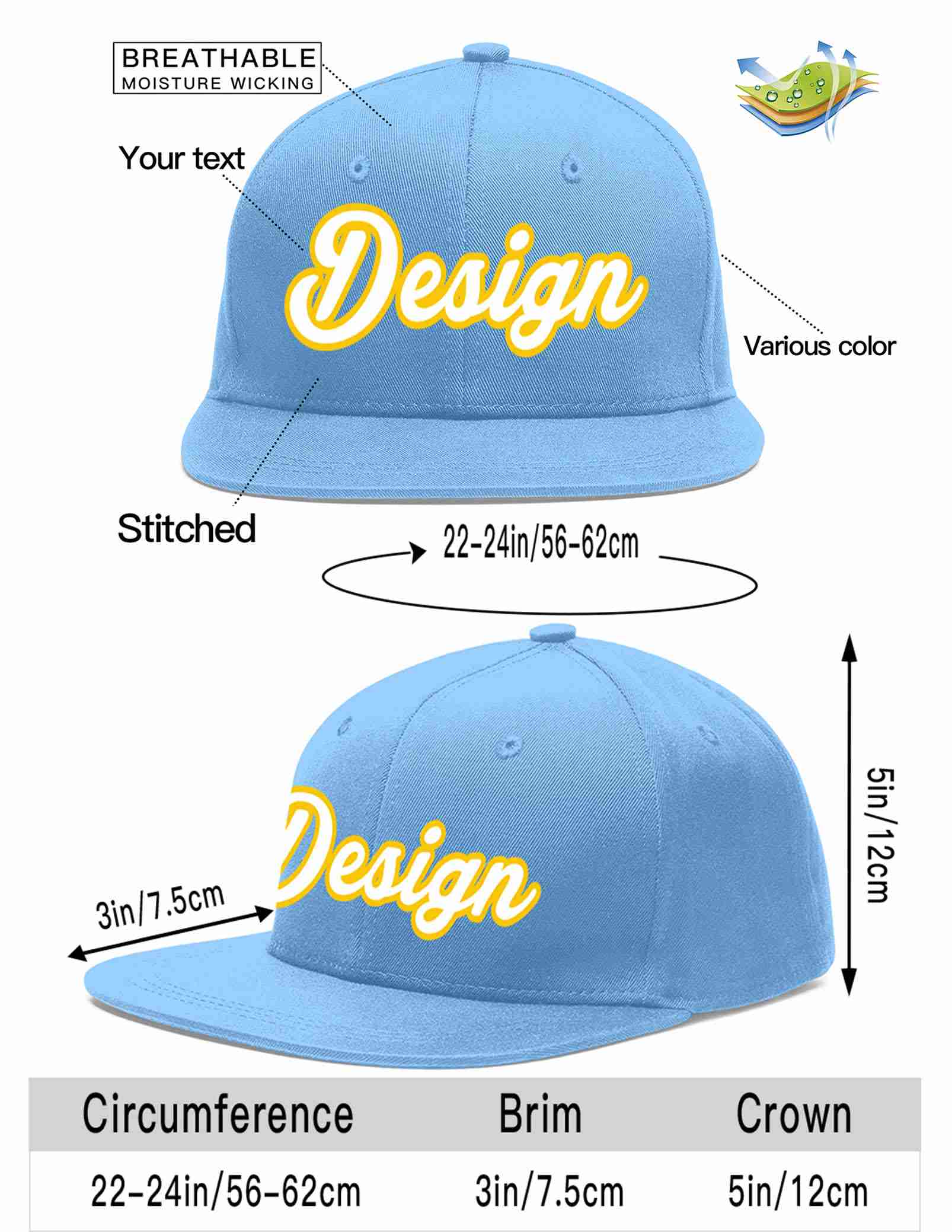 Custom Light Blue White-Gold Flat Eaves Sport Baseball Cap Design for Men/Women/Youth