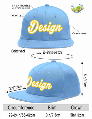 Custom Light Blue White-Gold Flat Eaves Sport Baseball Cap Design for Men/Women/Youth