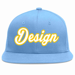 Custom Light Blue White-Gold Flat Eaves Sport Baseball Cap Design for Men/Women/Youth