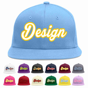 Custom Light Blue White-Gold Flat Eaves Sport Baseball Cap Design for Men/Women/Youth