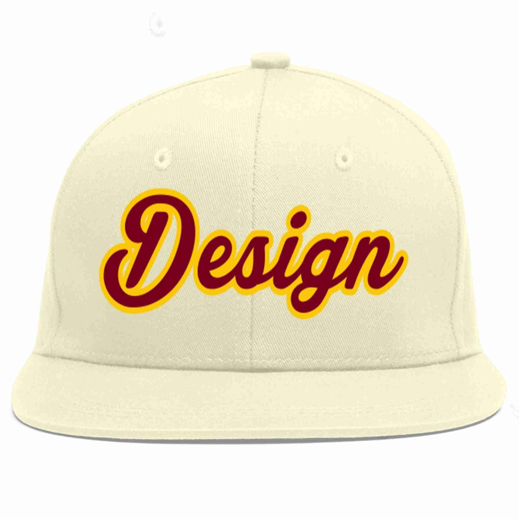 Custom Cream Crimson-Gold Flat Eaves Sport Baseball Cap Design for Men/Women/Youth