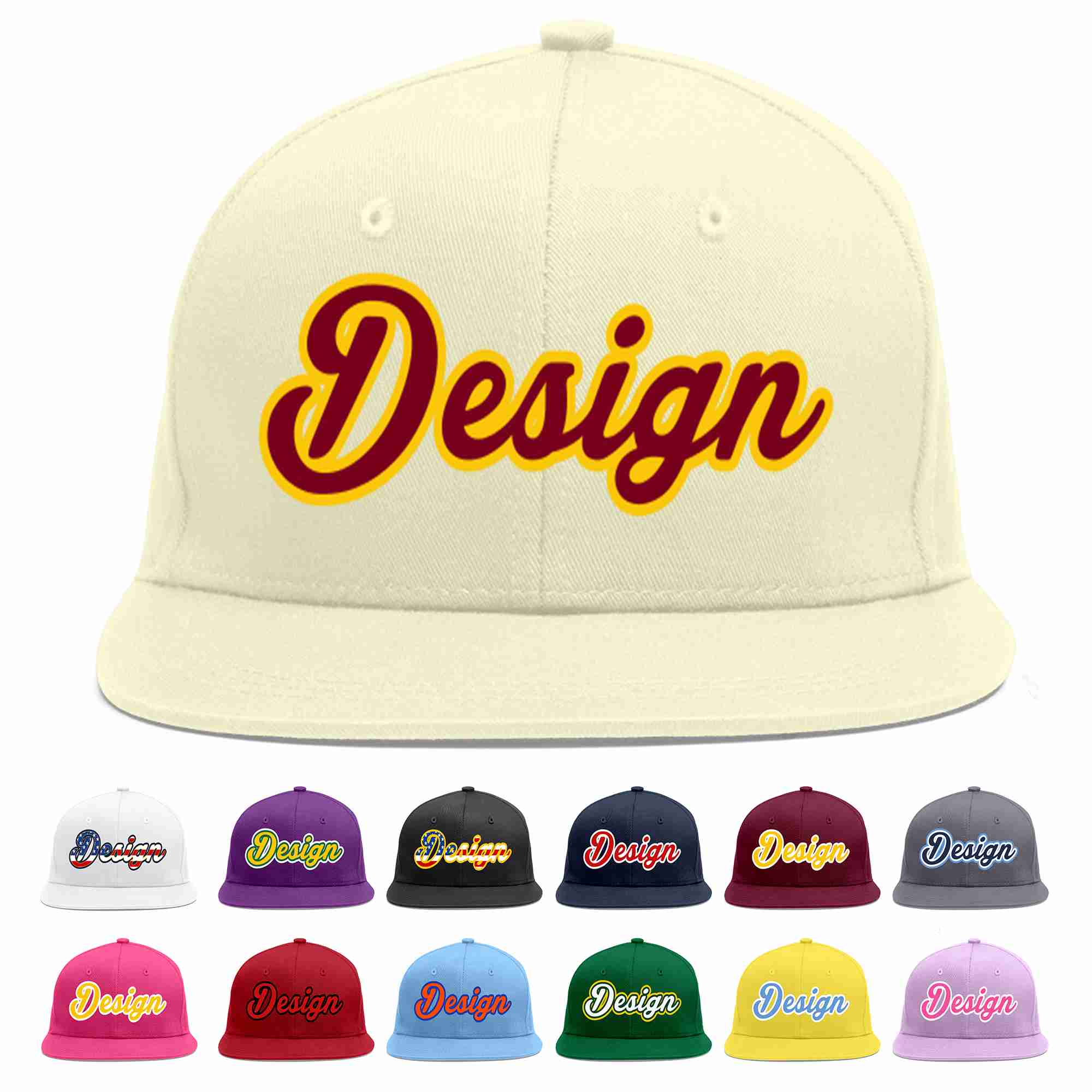 Custom Cream Crimson-Gold Flat Eaves Sport Baseball Cap Design for Men/Women/Youth