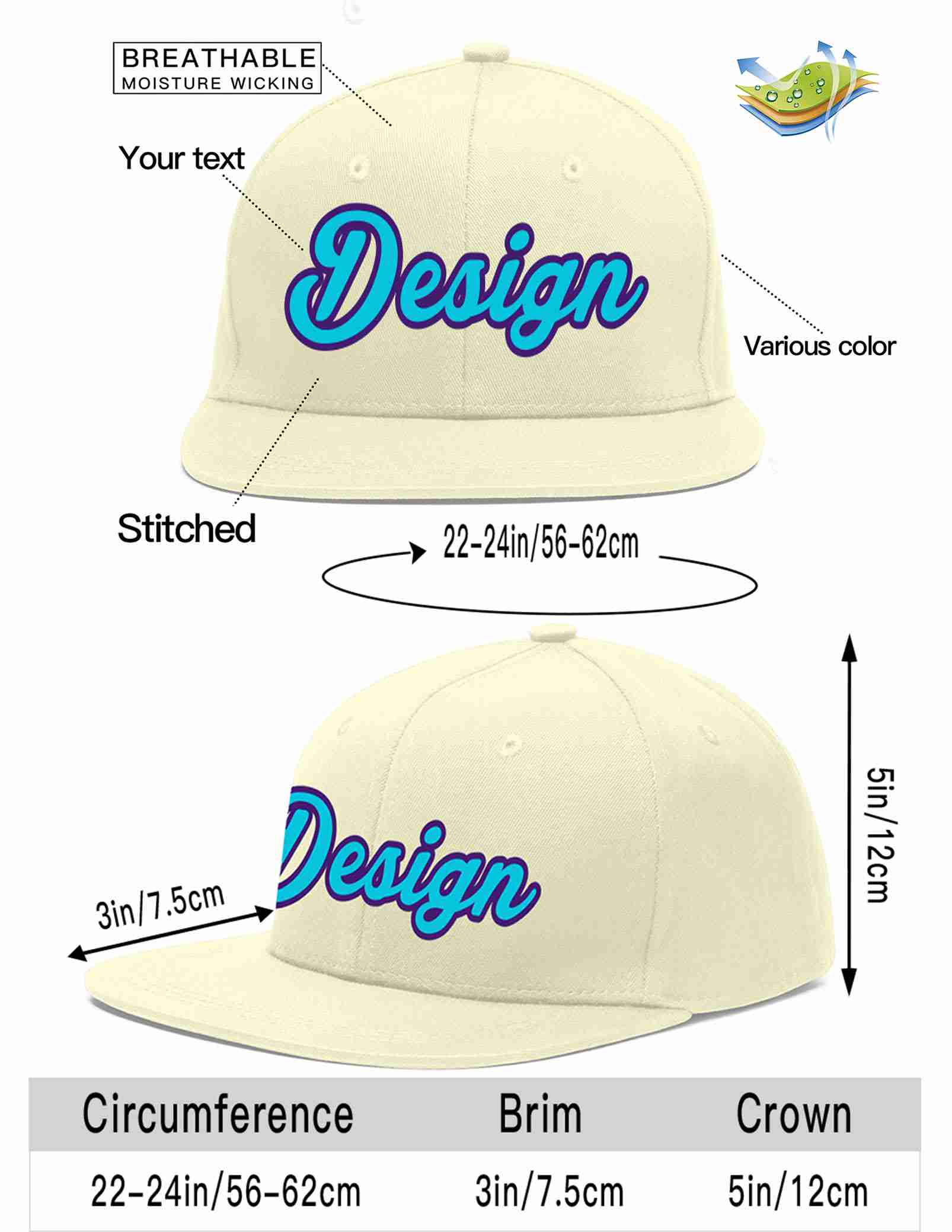 Custom Cream Light Blue-purple Flat Eaves Sport Baseball Cap Design for Men/Women/Youth