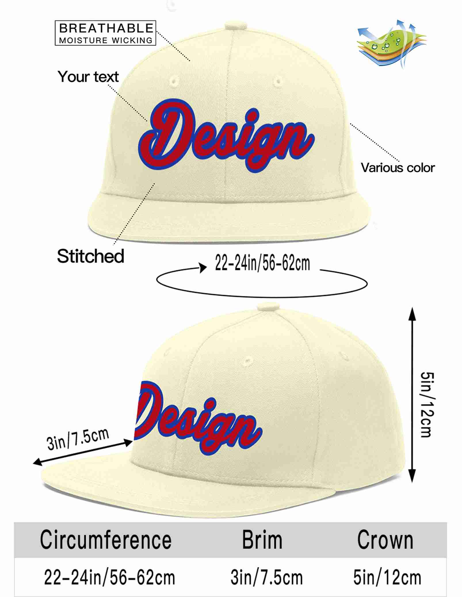 Custom Cream Red-Royal Flat Eaves Sport Baseball Cap Design for Men/Women/Youth