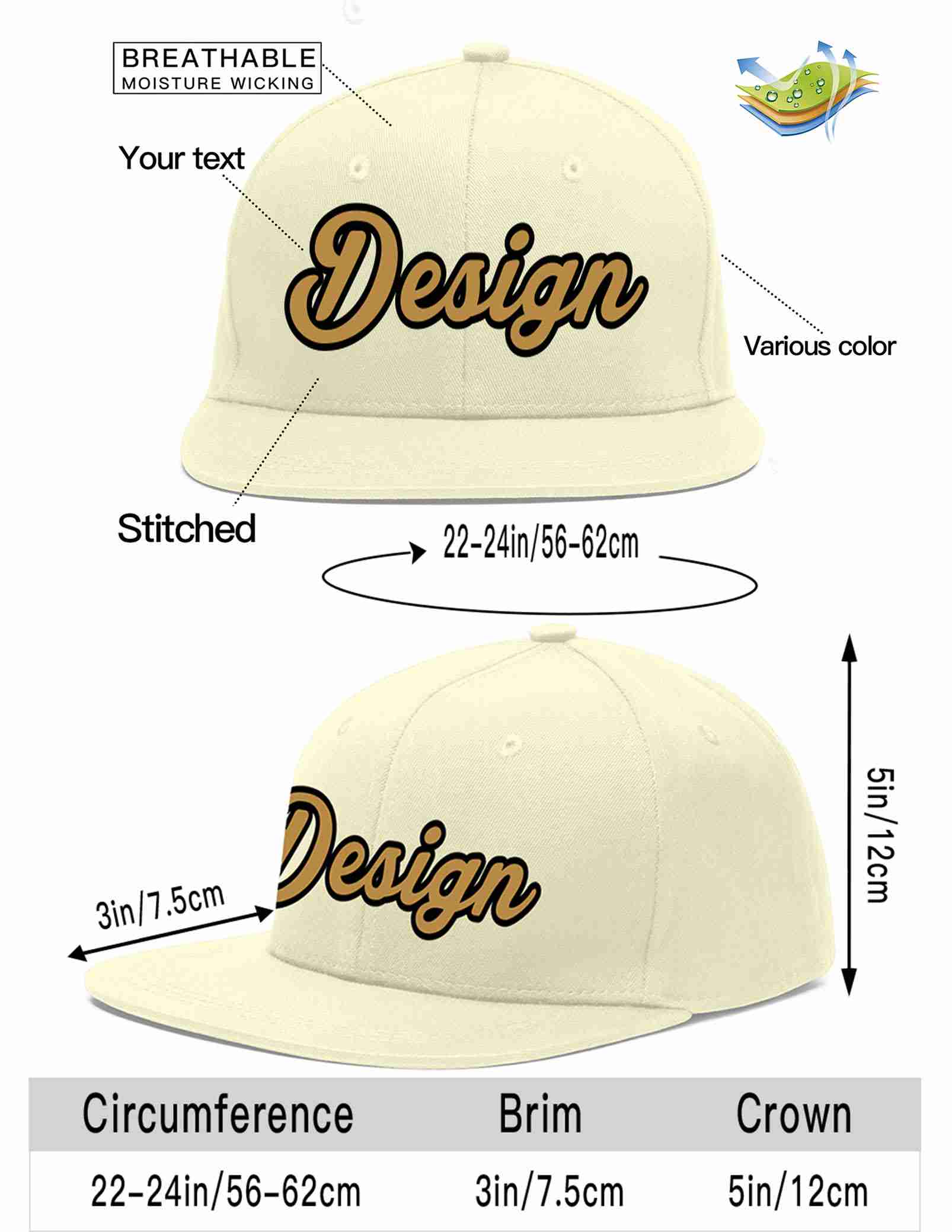 Custom Cream Old Gold-Black Flat Eaves Sport Baseball Cap Design for Men/Women/Youth